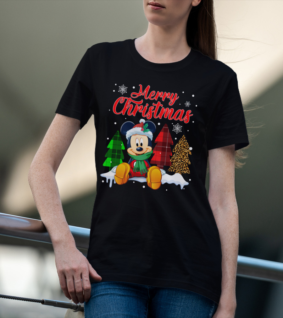 Merry Christmas Mickey Mouse With Plaid And Leopard Trees And Snowflakes T-Shirt