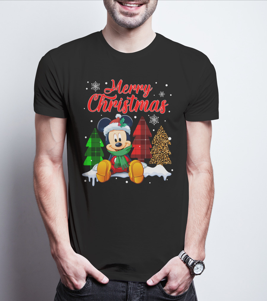 Merry Christmas Mickey Mouse With Plaid And Leopard Trees And Snowflakes T-Shirt