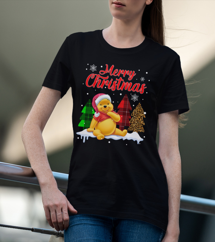 Merry Christmas Pooh Snowflakes Plaid Trees Santa Hat T-Shirt