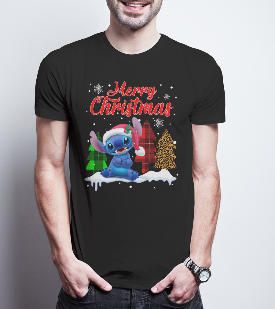 Merry Christmas Stitch Santa Hat Snow Plaid Trees T-Shirt