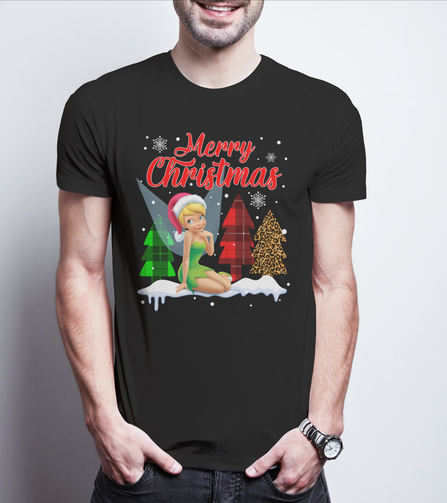Merry Christmas Tinkerbell Santa Hat Plaid And Leopard Trees Snowflakes T-Shirt