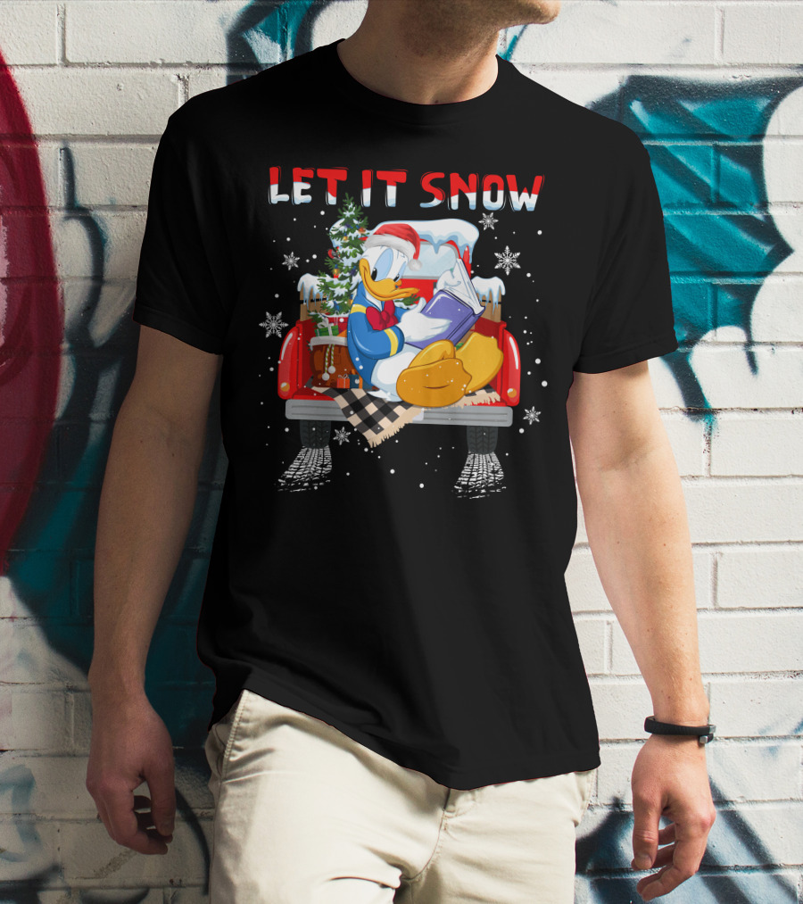 Let It Snow Donald Santa Hat Reading Winter Snowflakes Christmas Tree Red Truck T-Shirt