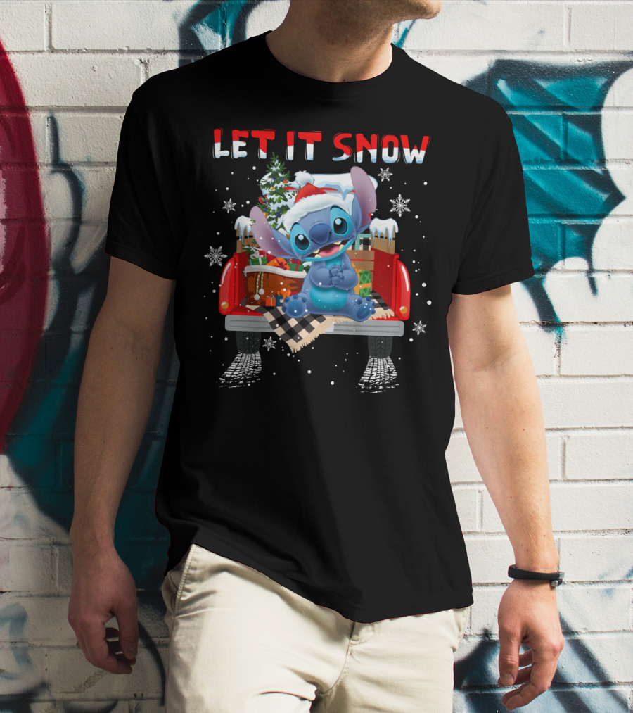 Let It Snow Stitch Christmas Santa Truck Snowflakes T-Shirt
