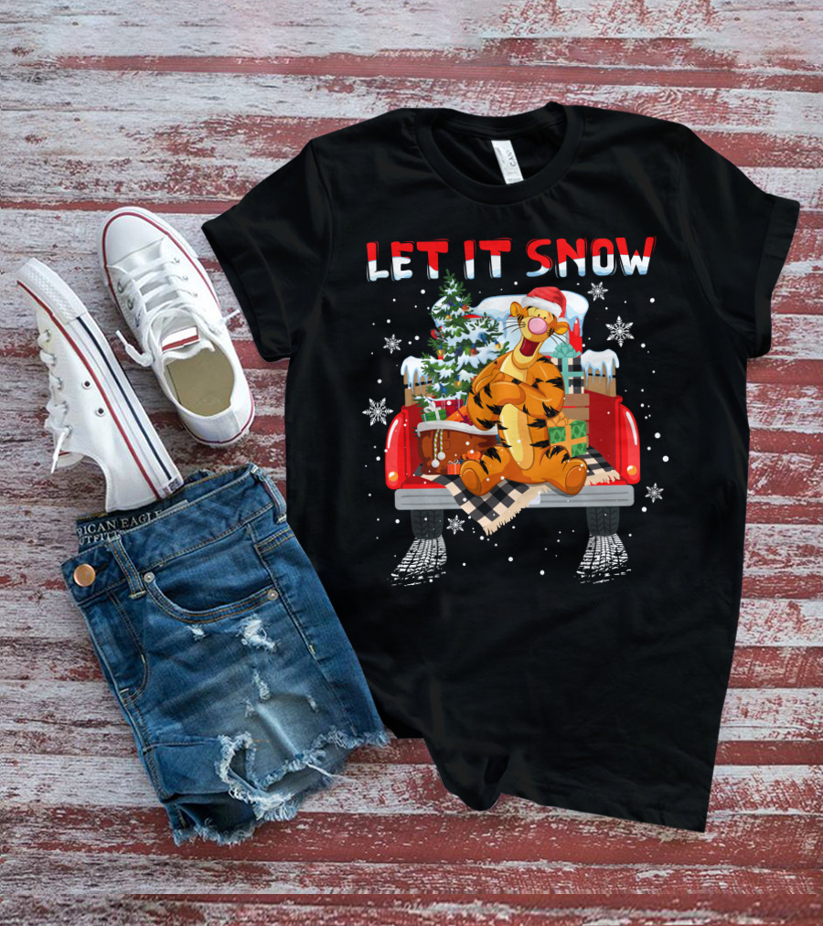 Tigger Let It Snow Christmas Tree And Presents In Snowy Red Truck T-Shirt