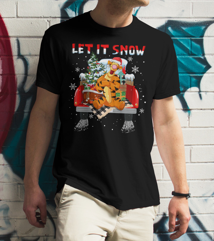 Tigger Let It Snow Christmas Tree And Presents In Snowy Red Truck T-Shirt