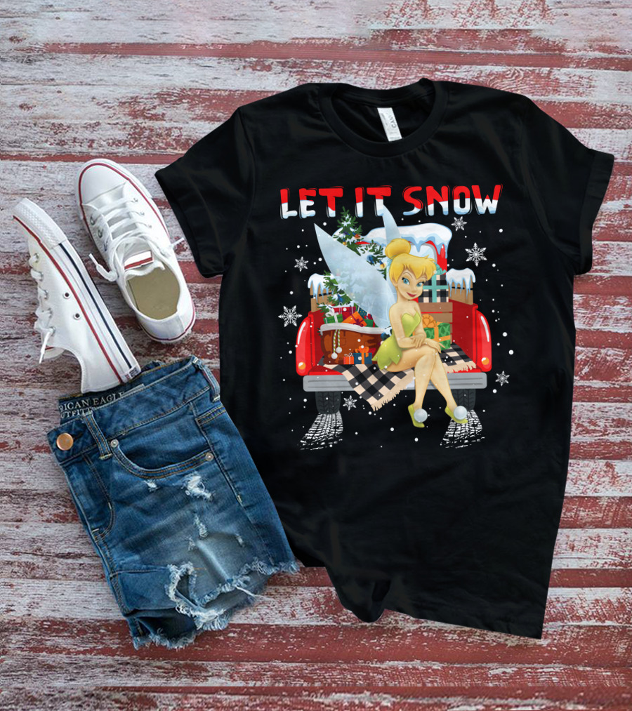 Let It Snow Tinkerbell Sitting On Truck With Gifts And Snowflakes T-Shirt