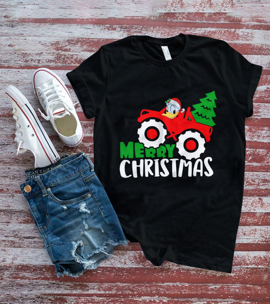 Merry Christmas Donald Duck Monster Truck Santa Hat Holiday Tree T-Shirt