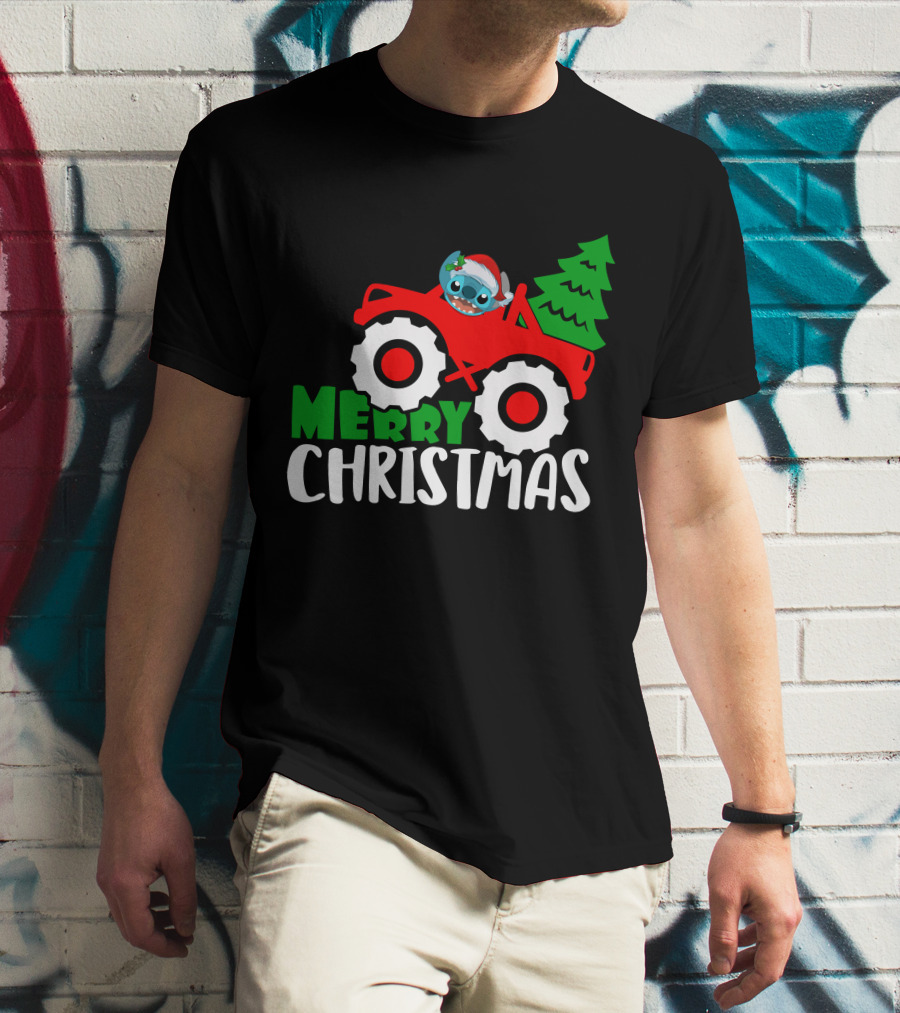 Merry Christmas Stitch Riding Red Truck With Tree T-Shirt