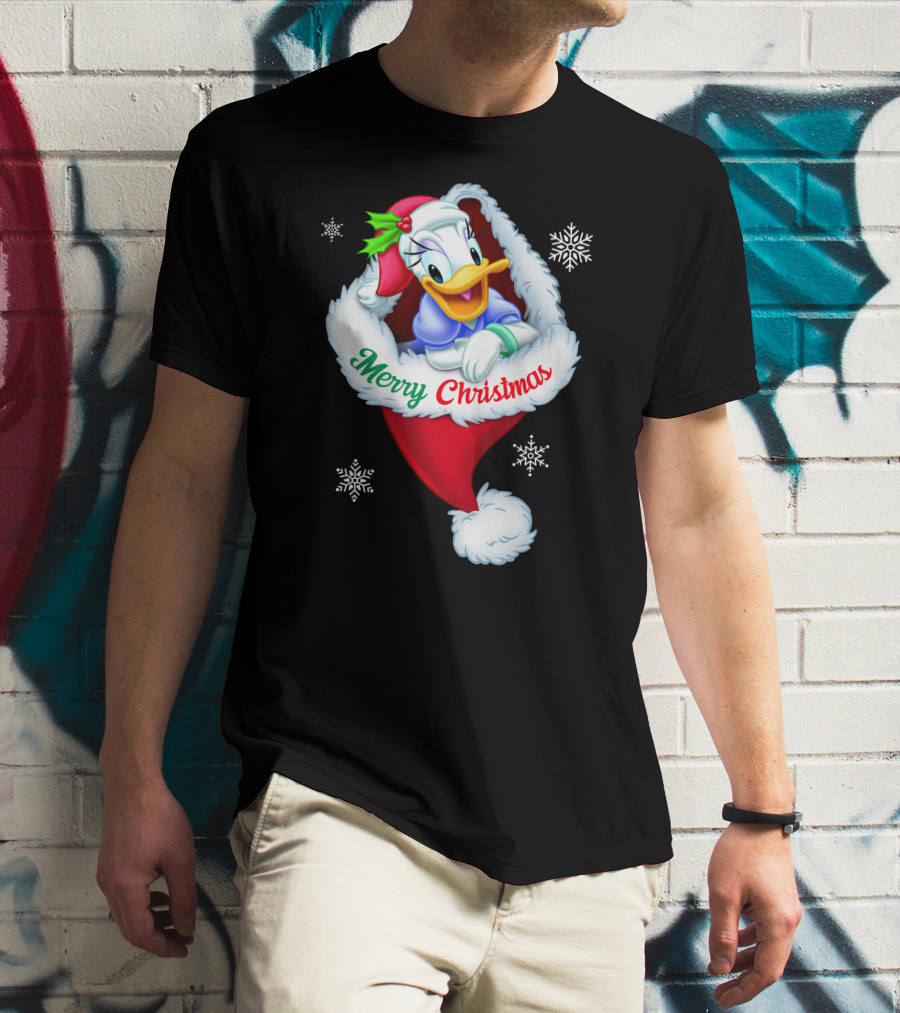 Merry Christmas Daisy Duck Santa Hat Snowflakes T-Shirt