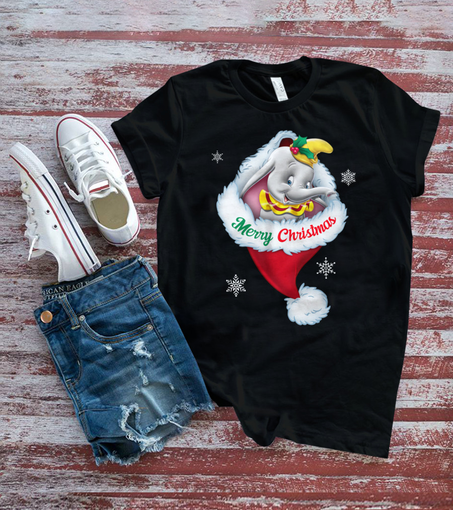 Dumbo Merry Christmas Santa Hat Snowflakes T-Shirt