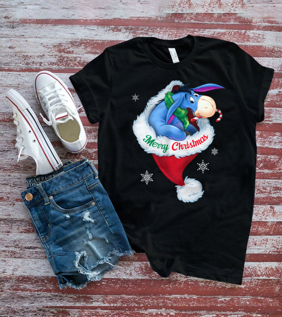 Eeyore Merry Christmas Santa Hat Snowflakes T-Shirt