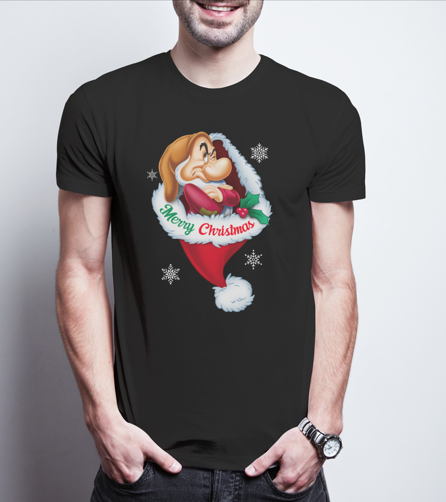 Grumpy Merry Christmas Santa Hat And Snowflakes T-Shirt