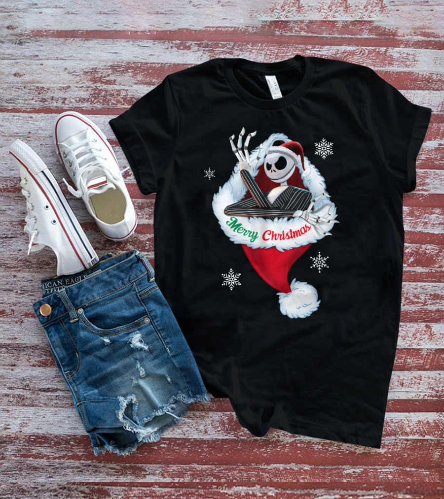 Jack Skellington Merry Christmas Santa Hat Snowflakes T-Shirt