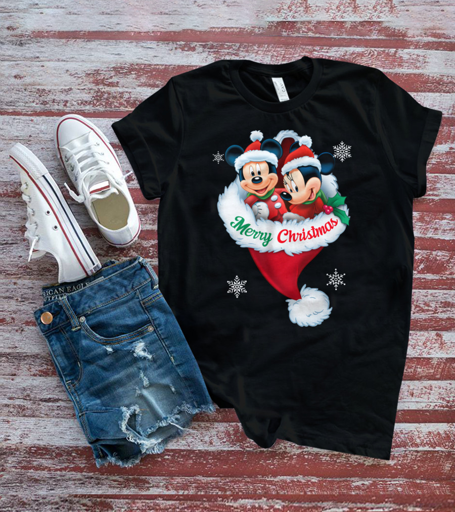 Merry Christmas Mickey Minnie Santa Hat Snowflakes T-Shirt
