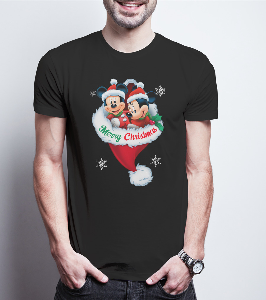 Merry Christmas Mickey Minnie Santa Hat Snowflakes T-Shirt