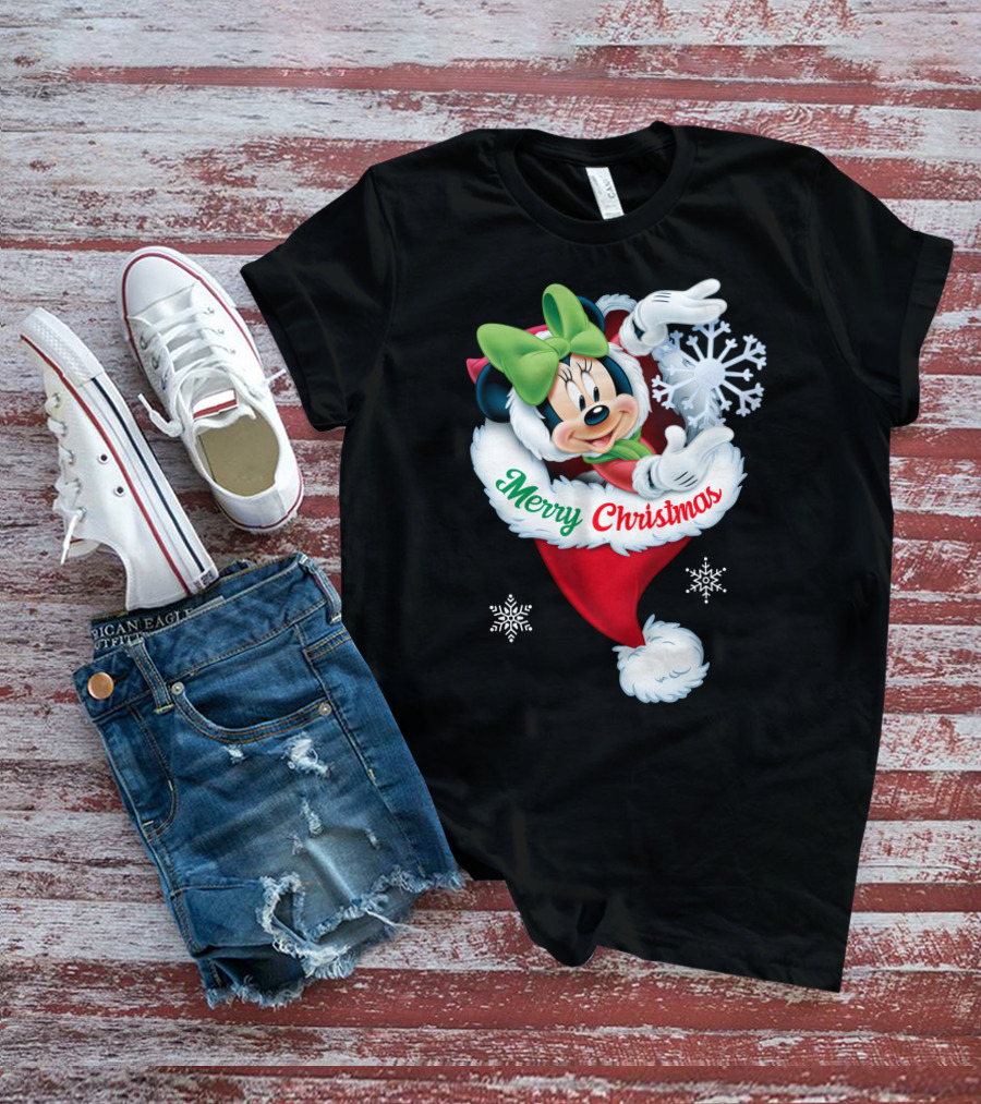 Minnie Mouse Merry Christmas Santa Hat Snowflakes T-Shirt