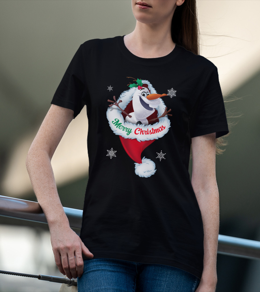 Olaf Merry Christmas Santa Hat With Snowflakes T-Shirt