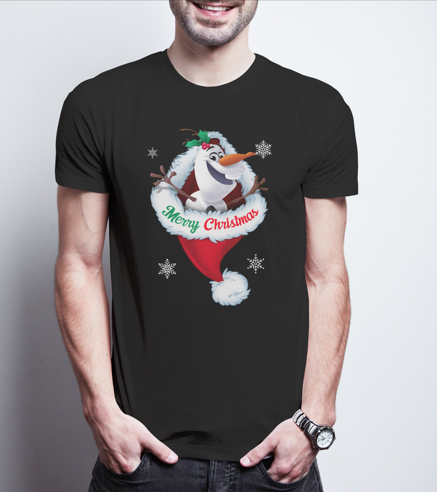 Olaf Merry Christmas Santa Hat With Snowflakes T-Shirt