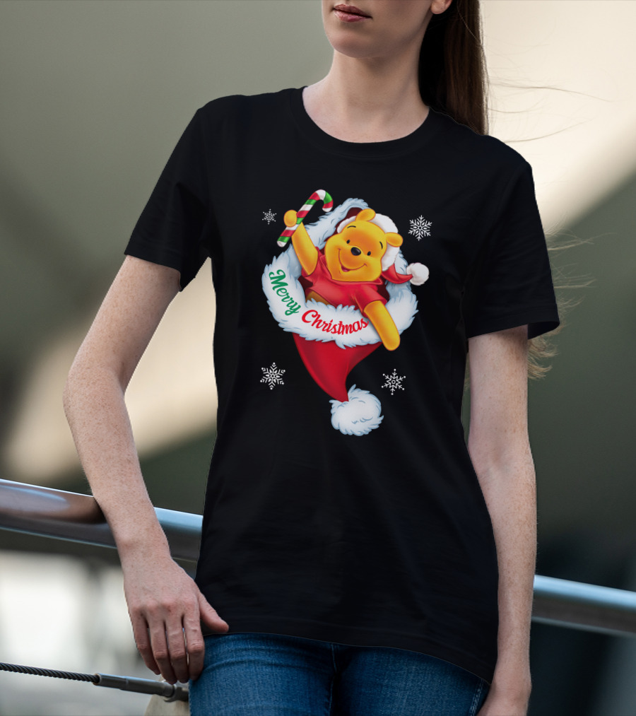 Winnie The Pooh Merry Christmas Santa Hat Candy Cane T-Shirt