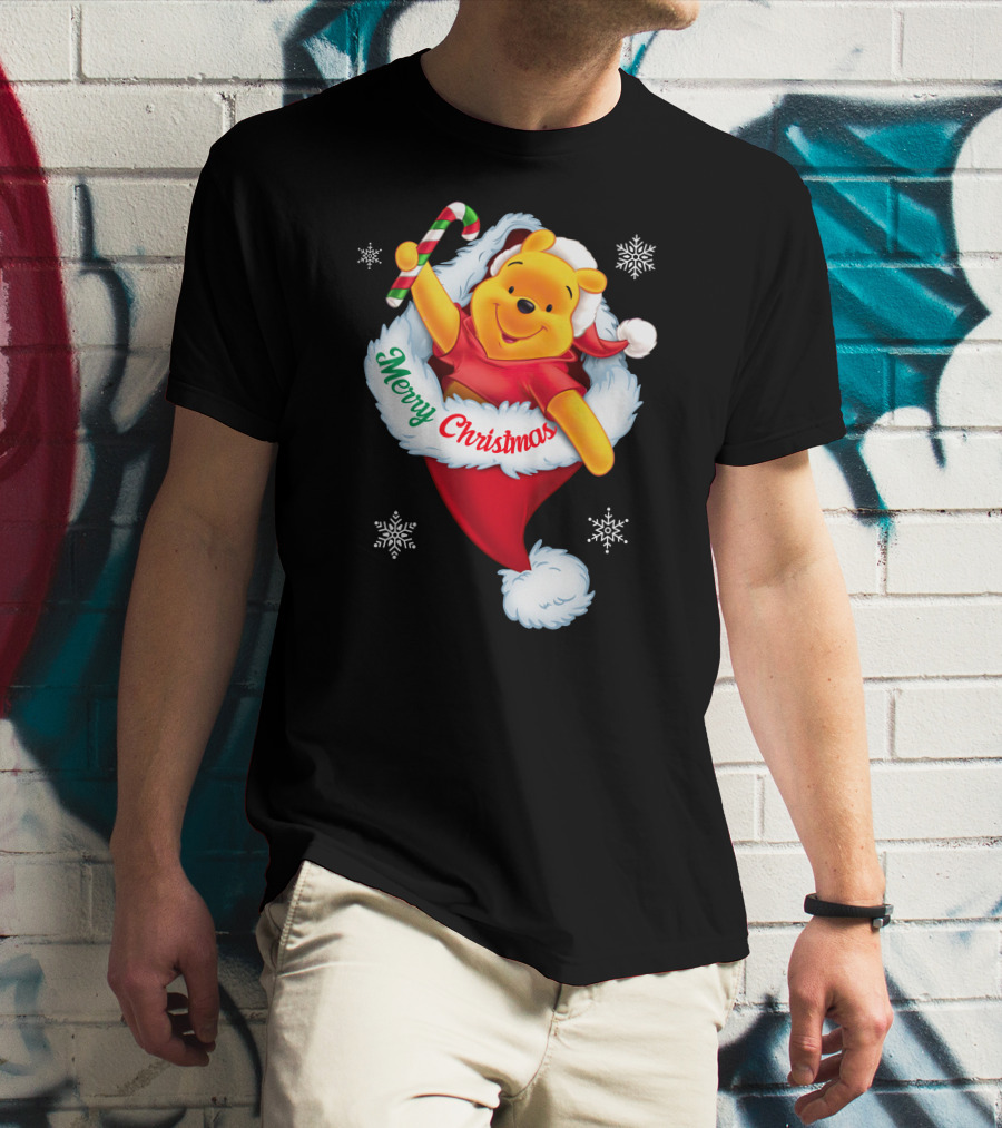 Winnie The Pooh Merry Christmas Santa Hat Candy Cane T-Shirt