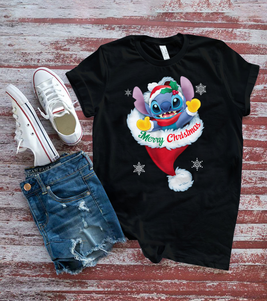 Merry Christmas Stitch Santa Hat Snowflakes T-Shirt