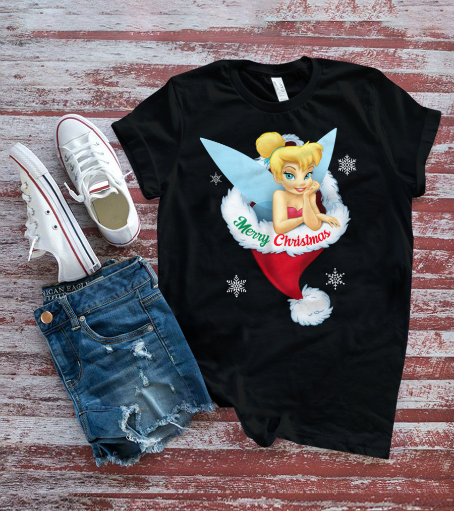 Tinkerbell Merry Christmas Santa Hat Snowflakes T-Shirt