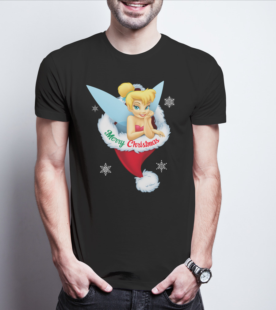 Tinkerbell Merry Christmas Santa Hat Snowflakes T-Shirt