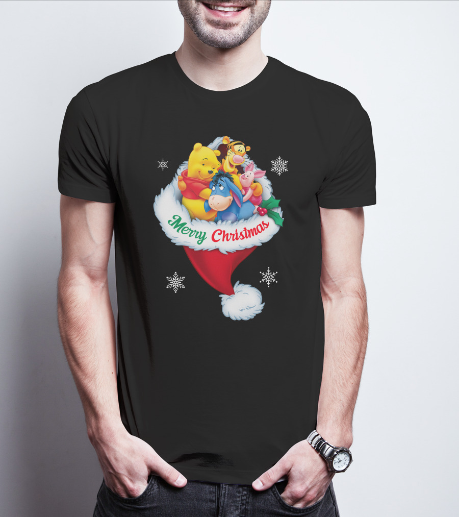 Winnie The Pooh Merry Christmas Santa Hat Snowflakes T-Shirt