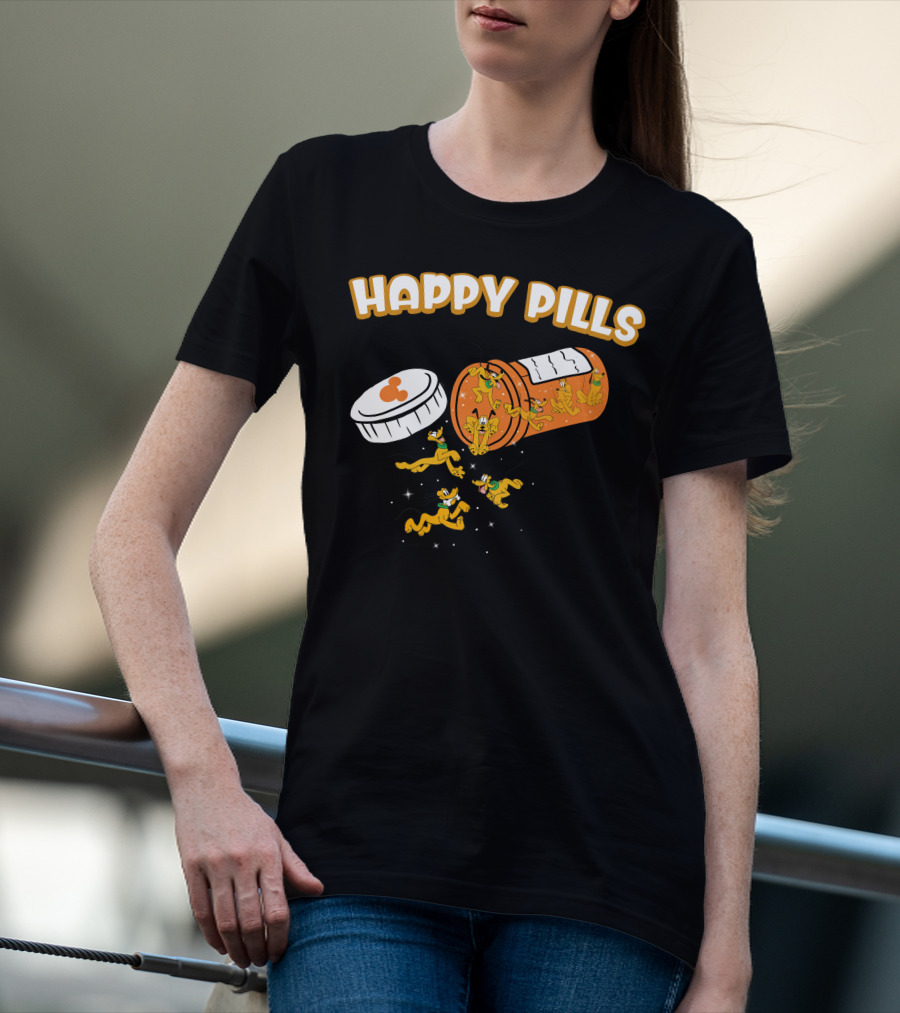 HAPPY PILLS Pluto Characters In Orange Pill Bottle T-Shirt