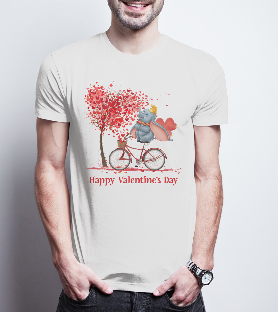 Happy Valentine's Day Dumbo With Hearts Bicycle T-Shirt