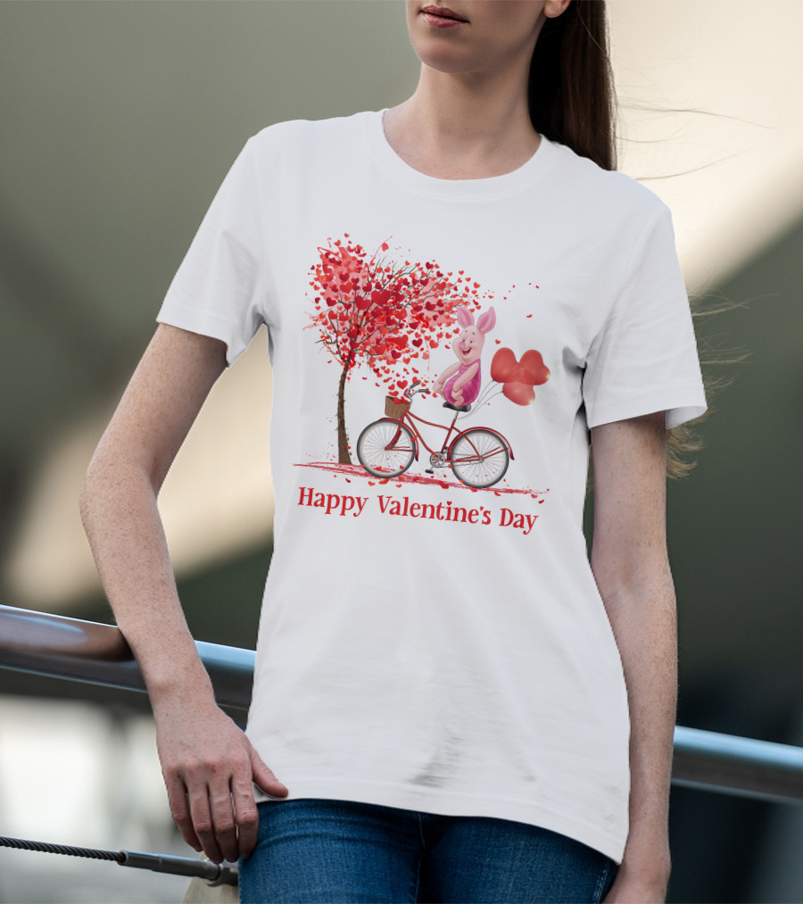 Happy Valentine's Day Piglet With Heart Balloons On Bicycle T-Shirt