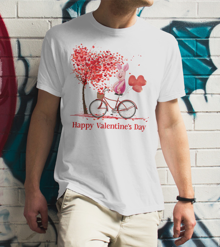 Happy Valentine's Day Piglet With Heart Balloons On Bicycle T-Shirt