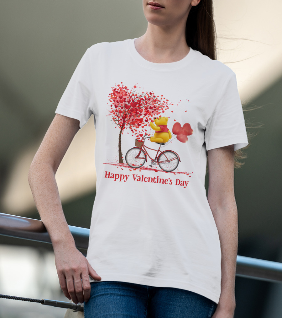 Happy Valentine's Day Bicycle Bear With Love Balloons And Heart Tree T-Shirt