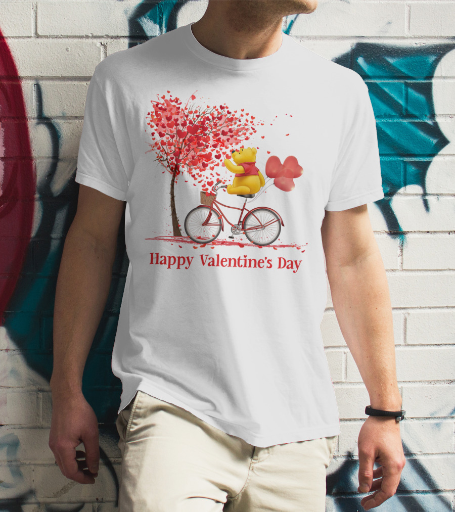 Happy Valentine's Day Bicycle Bear With Love Balloons And Heart Tree T-Shirt