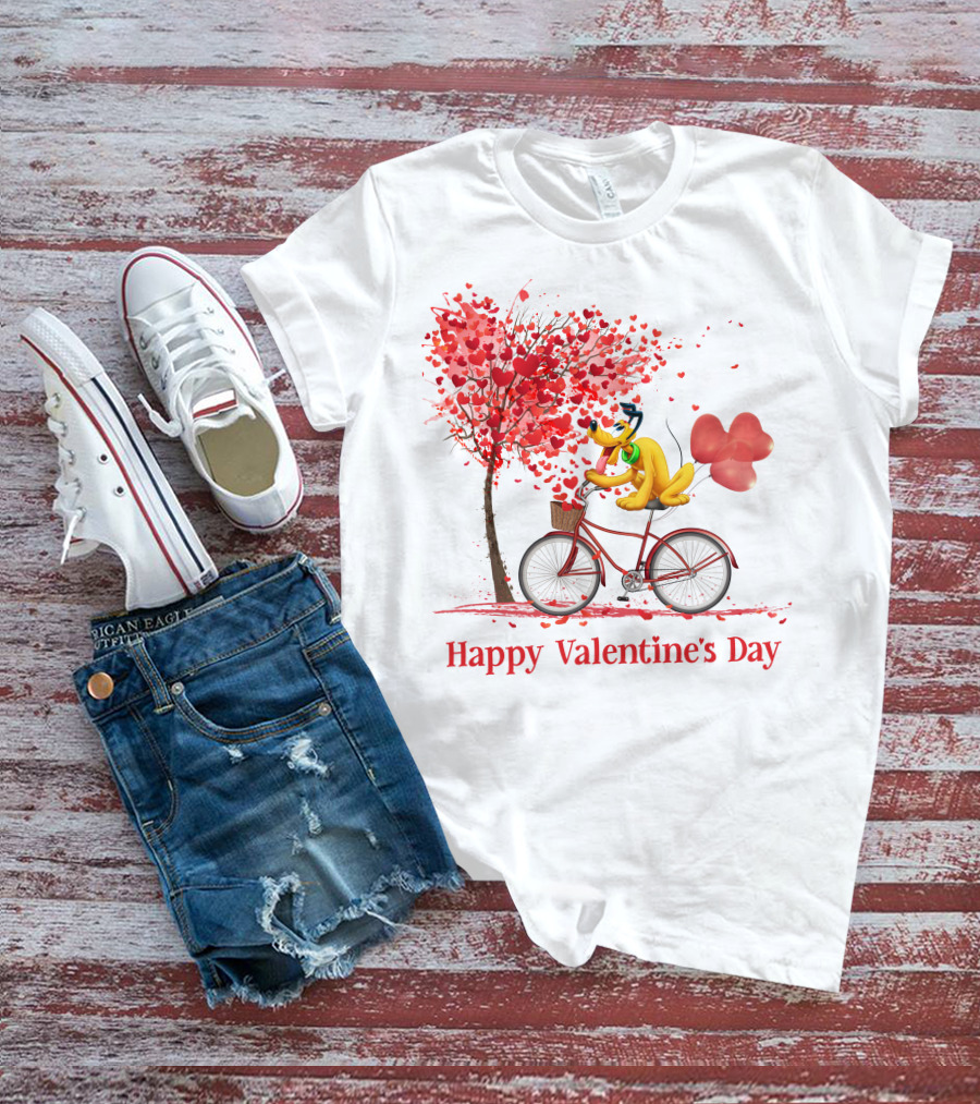 Happy Valentine's Day Bicycle With Hearts And Tree T-Shirt
