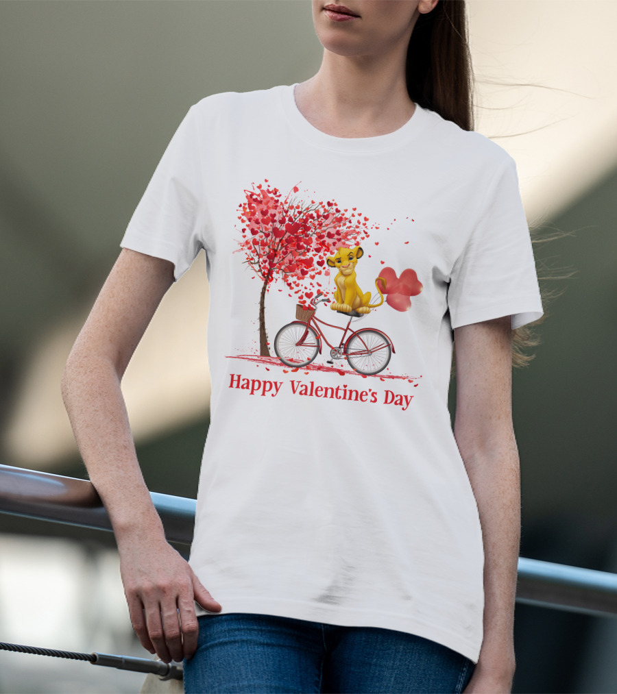 Happy Valentine's Day Cute Cartoon Character On Red Bicycle With Heart Balloons And Tree T-Shirt