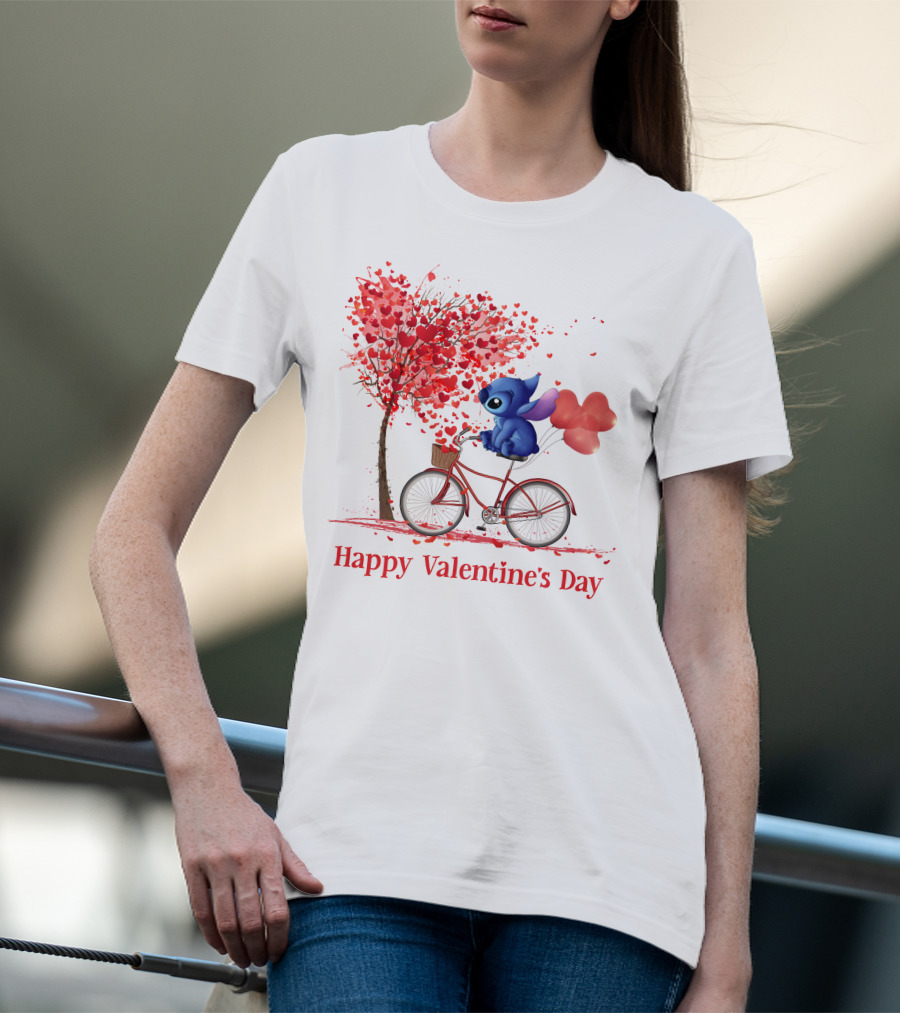 Happy Valentine's Day Stitch Bicycle Heart Balloons T-Shirt
