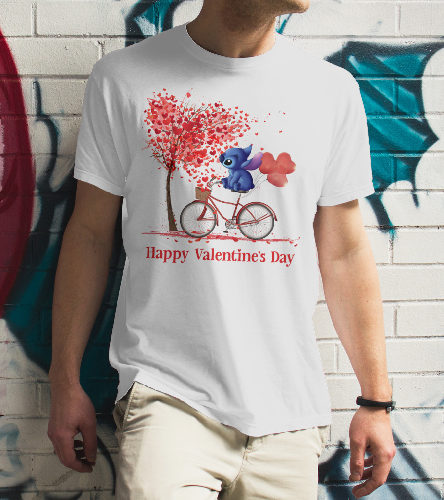 Happy Valentine's Day Stitch Bicycle Heart Balloons T-Shirt