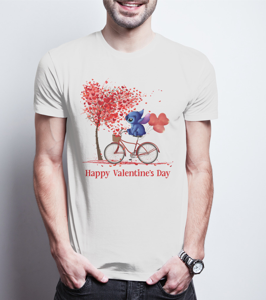 Happy Valentine's Day Stitch Bicycle Heart Balloons T-Shirt