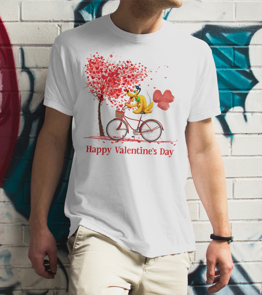 Disney Pluto Happy Valentine's Day Bicycle And Heart Tree T-Shirt