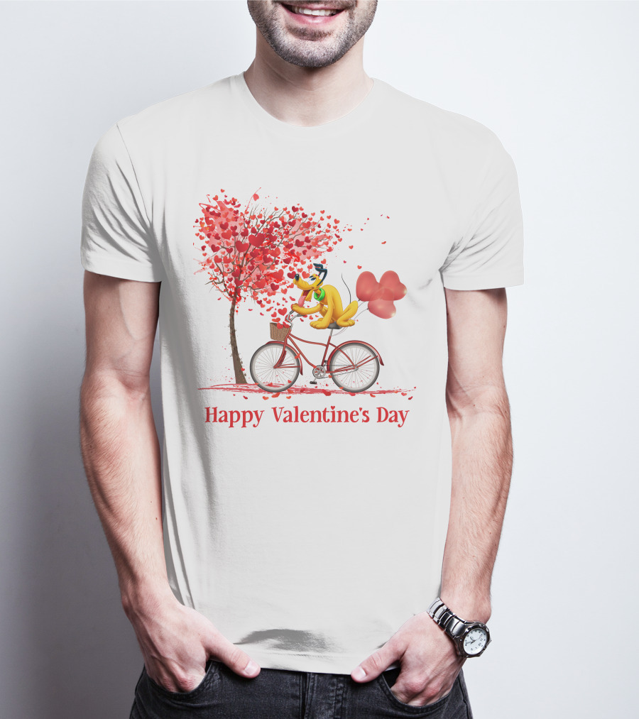 Disney Pluto Happy Valentine's Day Bicycle And Heart Tree T-Shirt