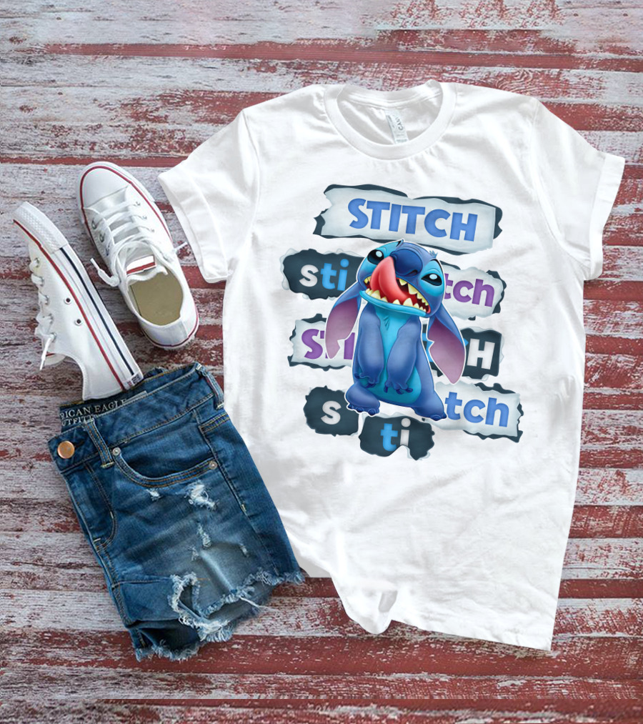 Stitch Blue Alien Character Multiple Text Styles T-Shirt