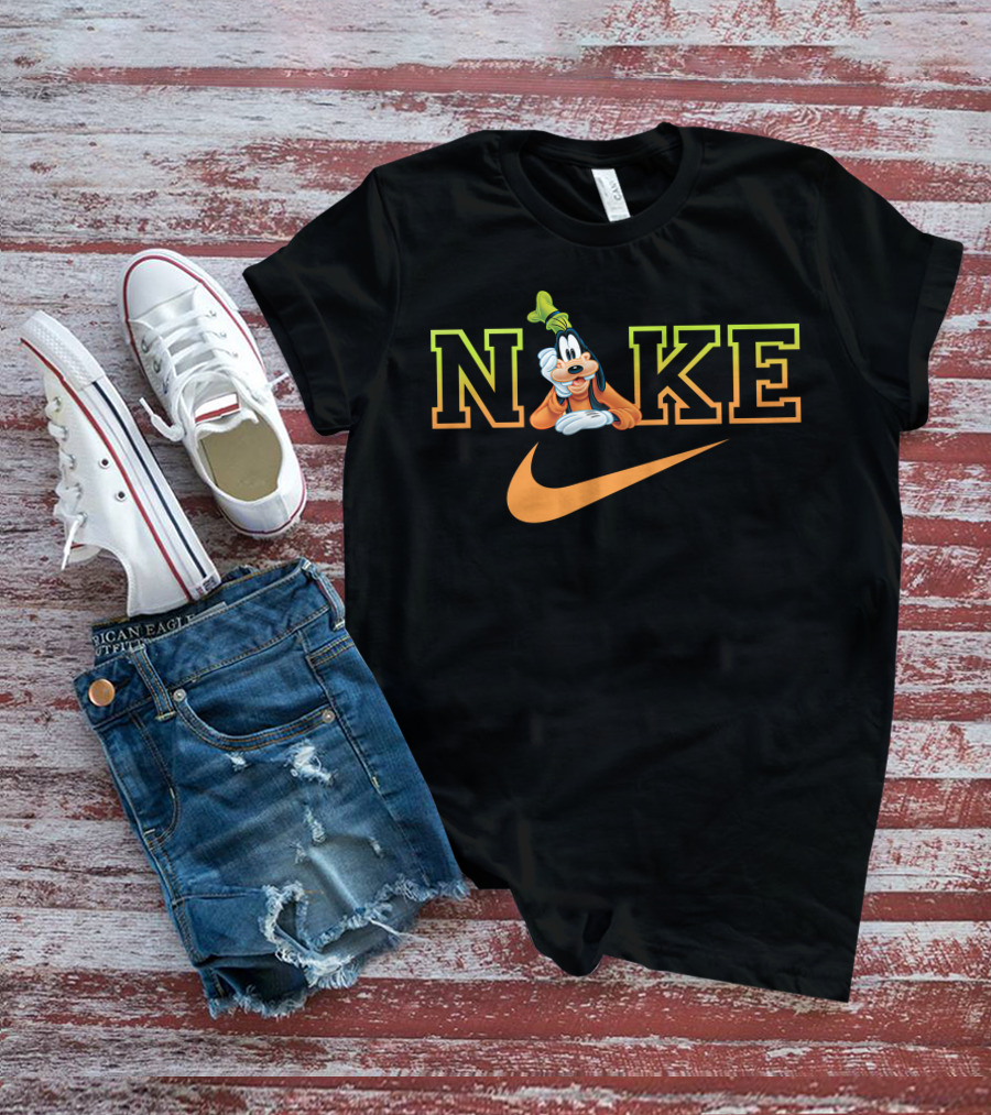 Goofy Nike With Orange Swoosh Logo And Green Hat T-Shirt