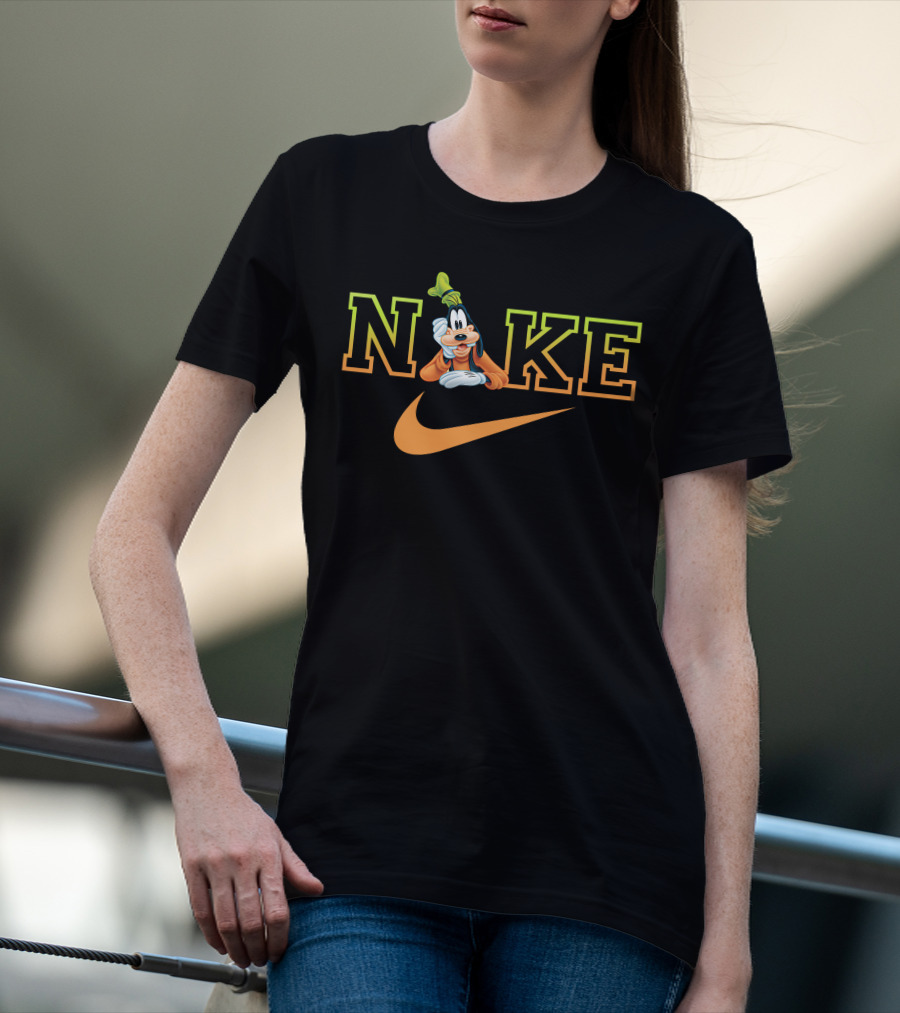 Goofy Nike With Orange Swoosh Logo And Green Hat T-Shirt