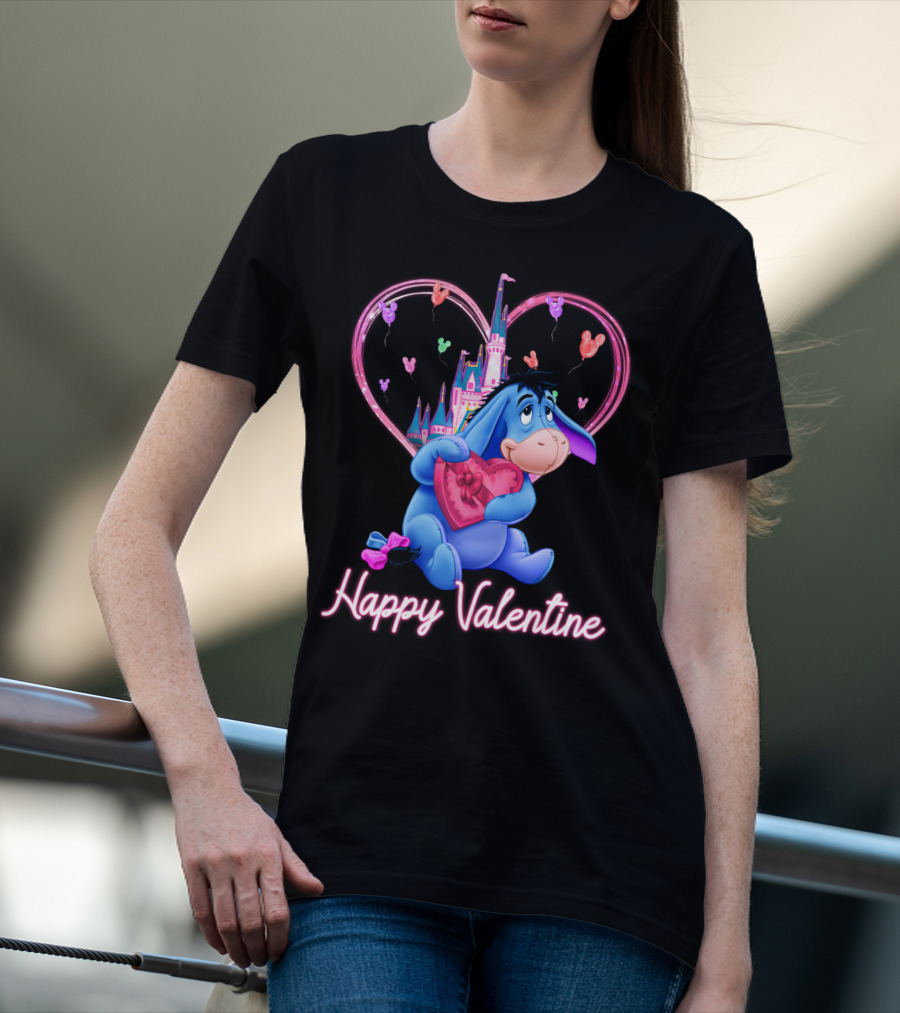 Eeyore Happy Valentine With Heart And Castle T-Shirt