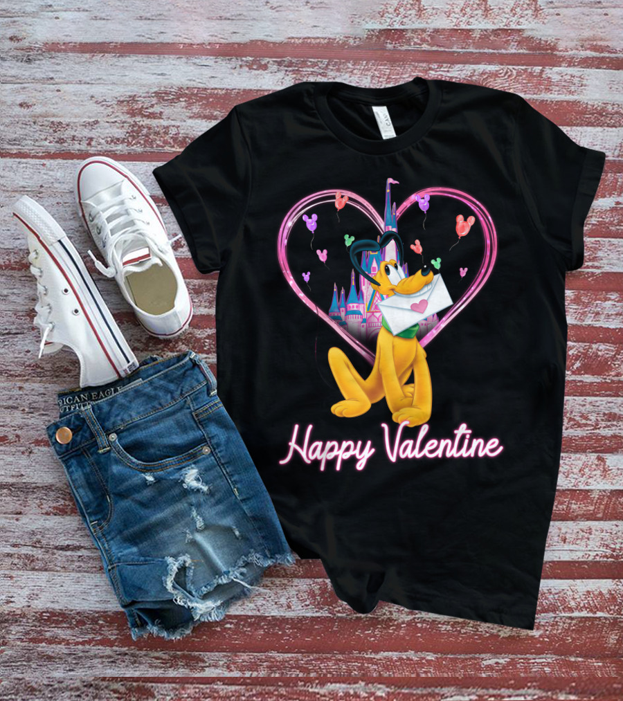 Happy Valentine Pluto Letter Heart Balloons Castle T-Shirt
