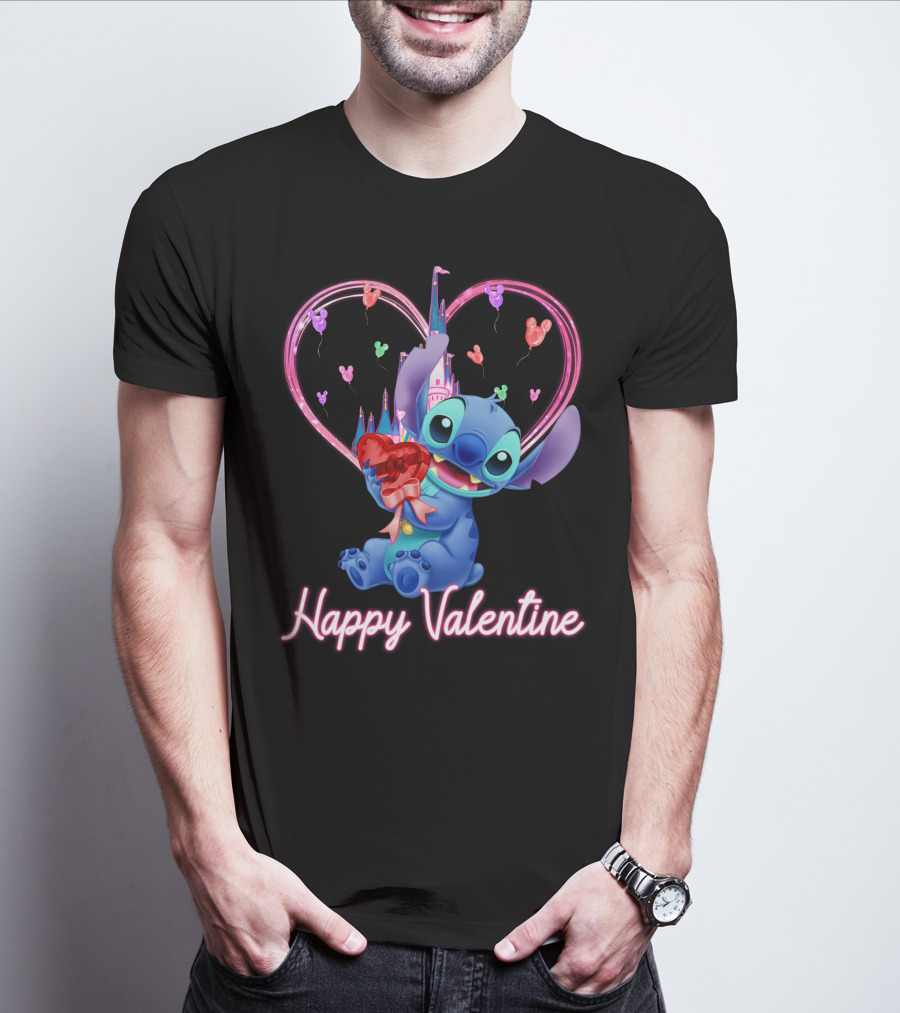 Happy Valentine Stitch Holding Heart With Castle And Balloons T-Shirt