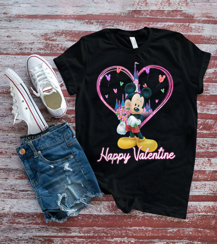 Happy Valentine Mickey Mouse Bouquet And Castle Balloons T-Shirt