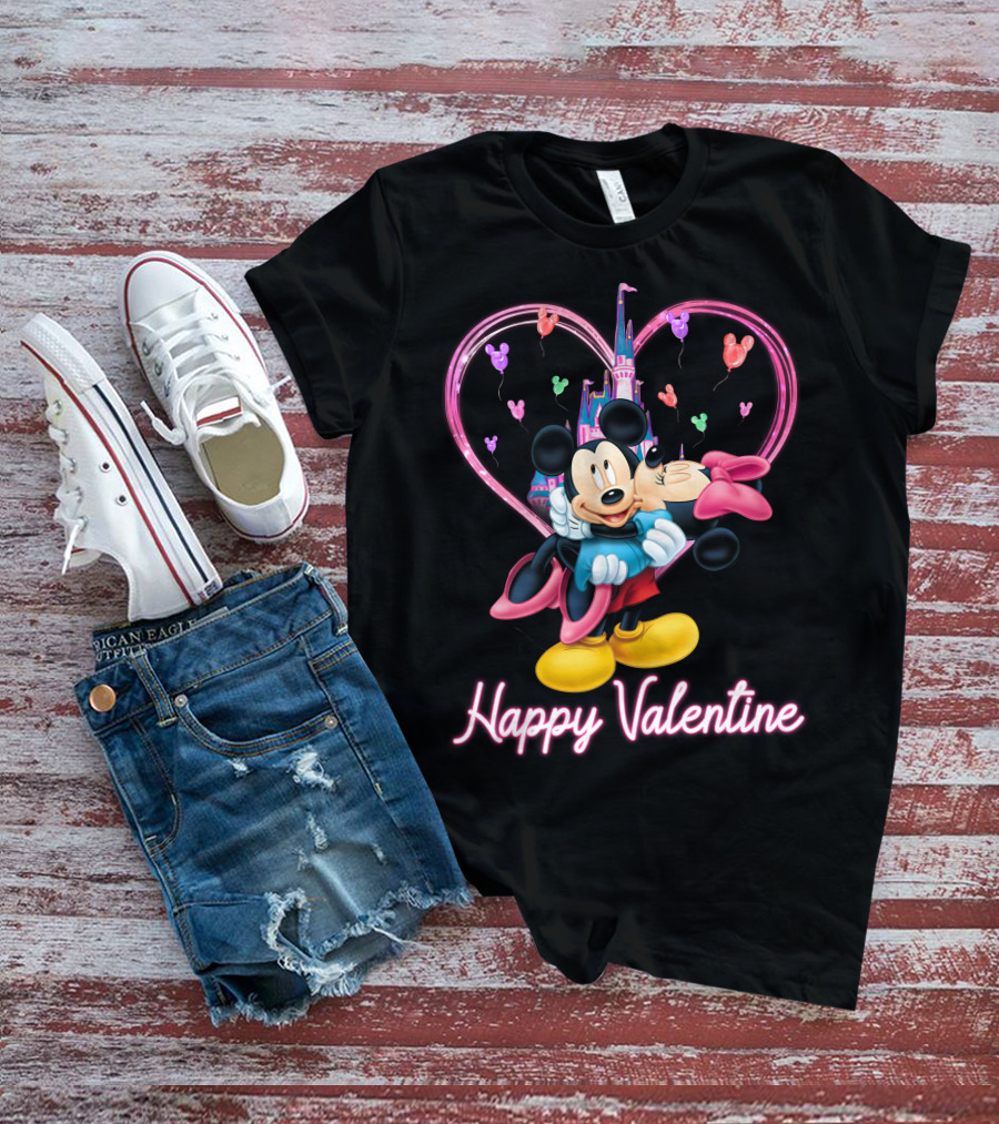 Mickey & Minnie Happy Valentine Heart And Castle Celebration T-Shirt