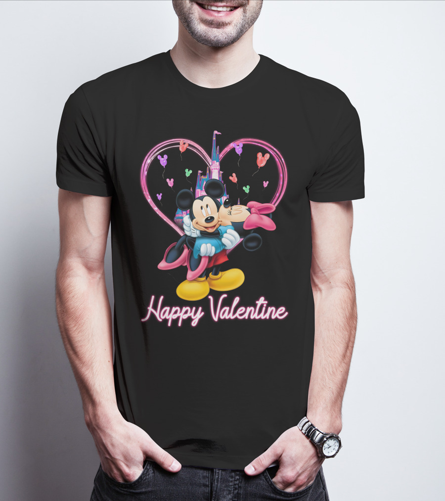 Mickey & Minnie Happy Valentine Heart And Castle Celebration T-Shirt